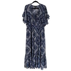 Lane Bryant Plus Sz 18/20 Navy Blue Paisley Boho Empire Waist Tiered Midi Dress